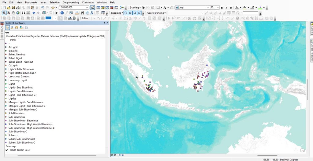 Shapefile (SHP) Peta Sumber Daya Gas Metana Batubara GMB Indonesia Update Terbaru